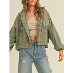 Miou Muse Olive Green Cropped Utility Hoodie Jacket – Size L